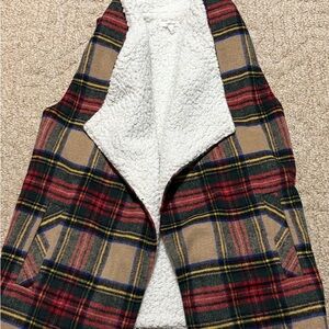 Maurices Plaid Vest in Tan, Red, Green & Navy with White Sherpa Lining